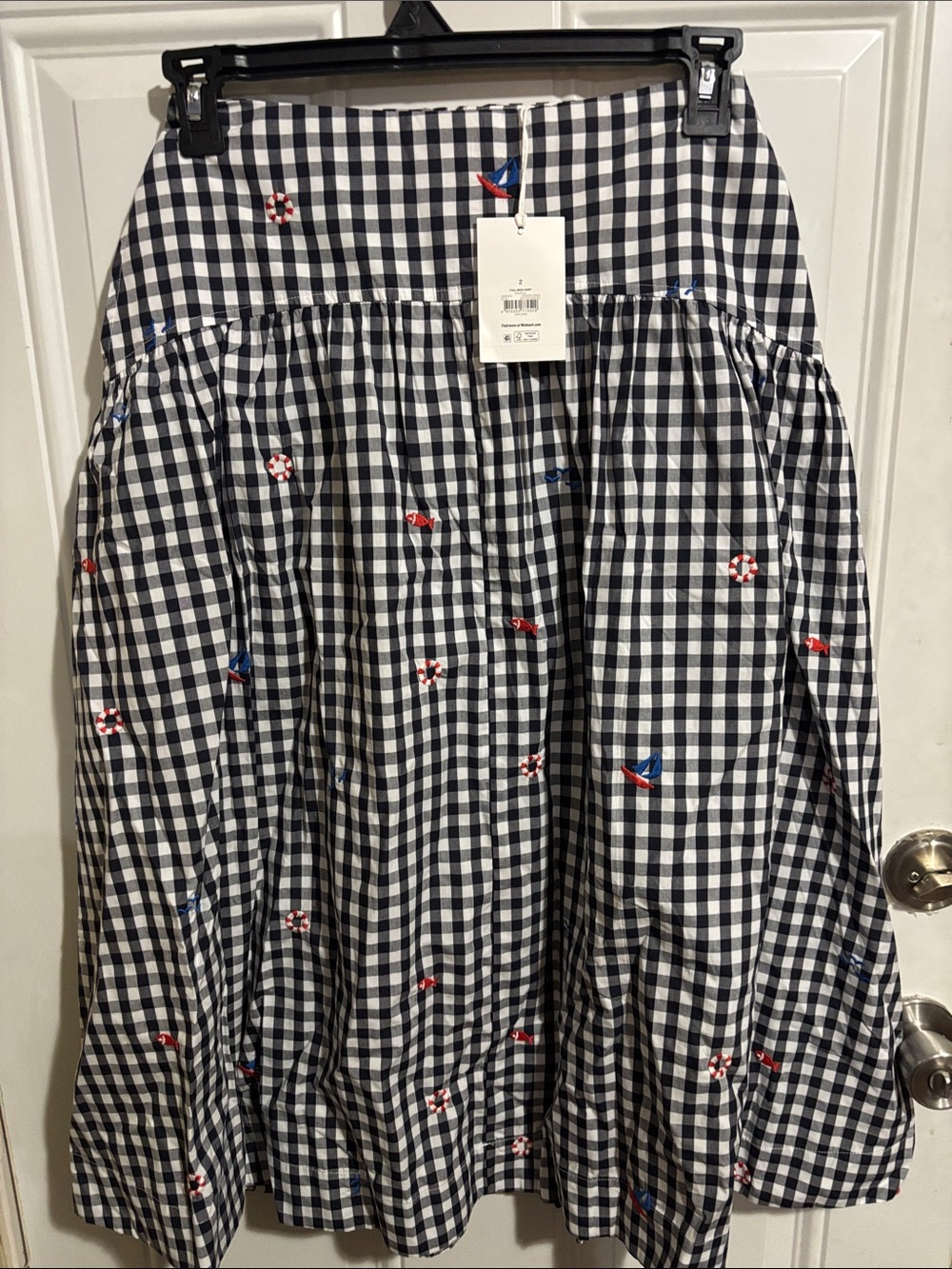 Black & White Gingham A-Line Midi Skirt with Red & Blue Accents
